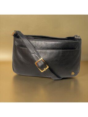 VTG Etienne Aigner Shoulder Bag Black Leather Brass Pocket Purse Horseshoe Logo